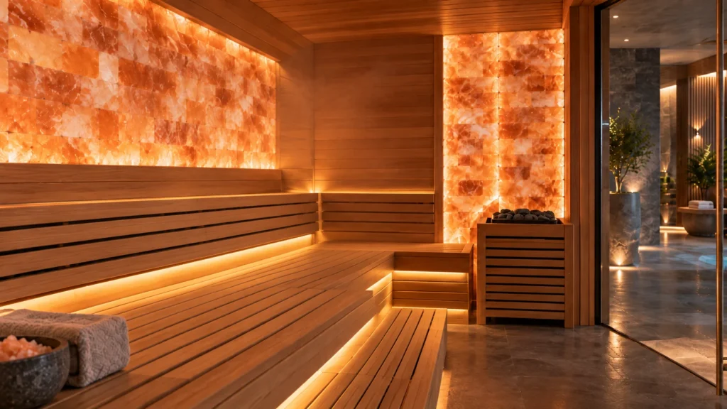 The salt sauna at M Spa Platinum uses Himalayan salt panels to purify the air.