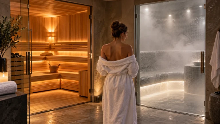 Woman standing between a wooden sauna and steam room at M Club Spa