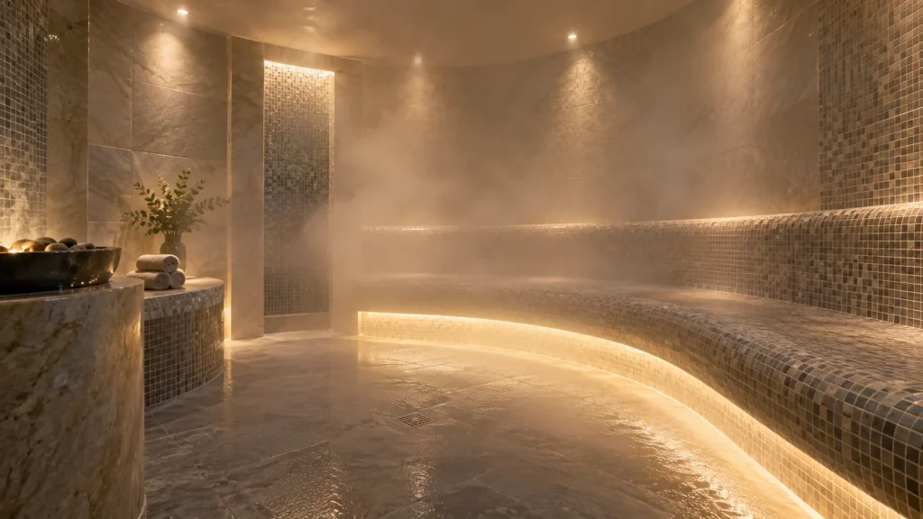 Steam room with tiled walls and warm mist at M Club Spa