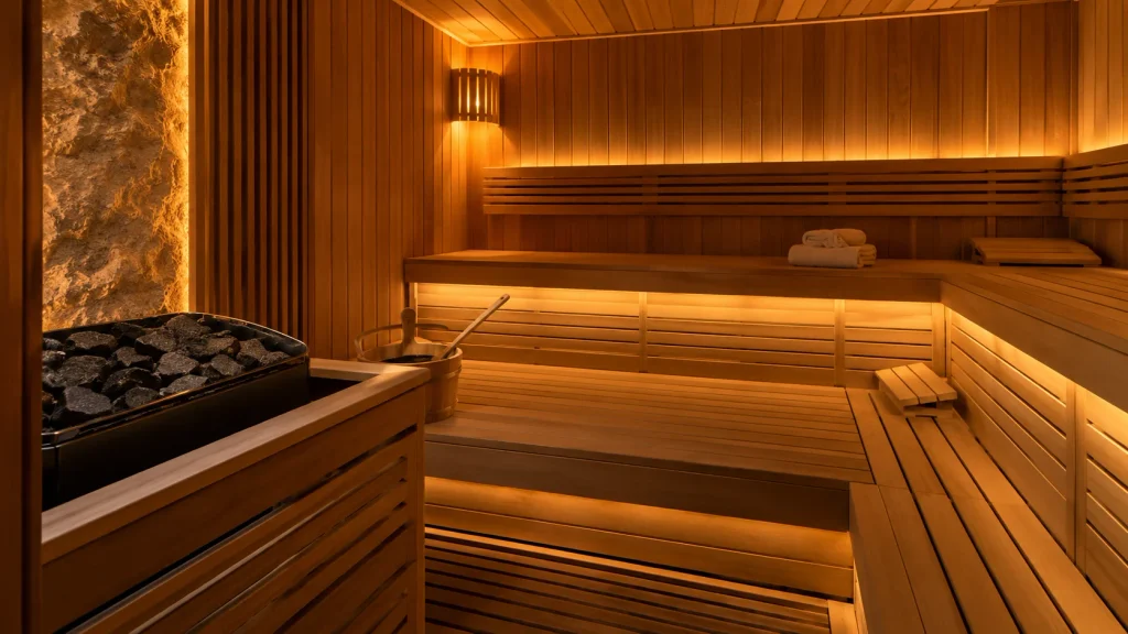 Wooden sauna interior with tiered benches at M Club Spa in Stoke-on-Trent