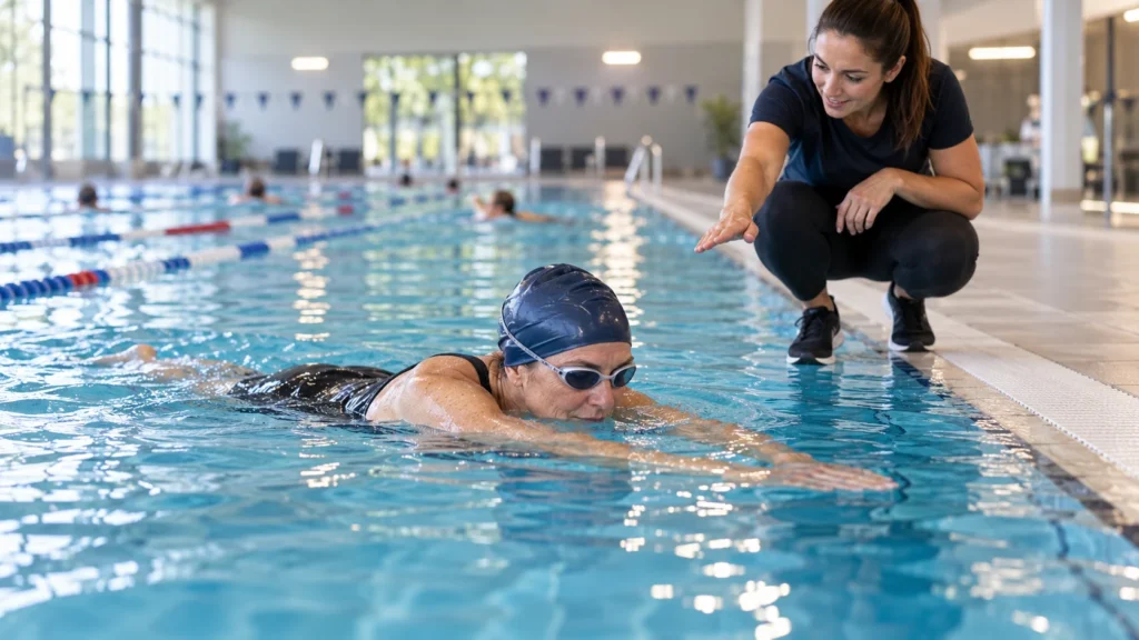 Adult beginner practising swimming technique with an instructor beside a clean indoor UK health-club pool