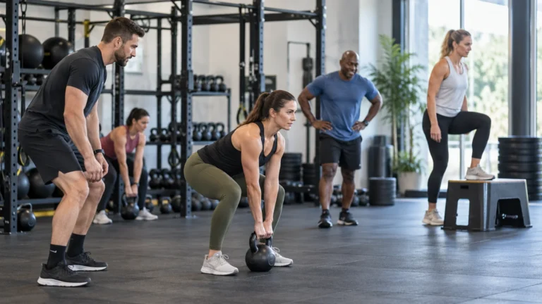 Mixed adults doing a coached HIIT circuit with manageable strength and cardio stations in a modern UK studio