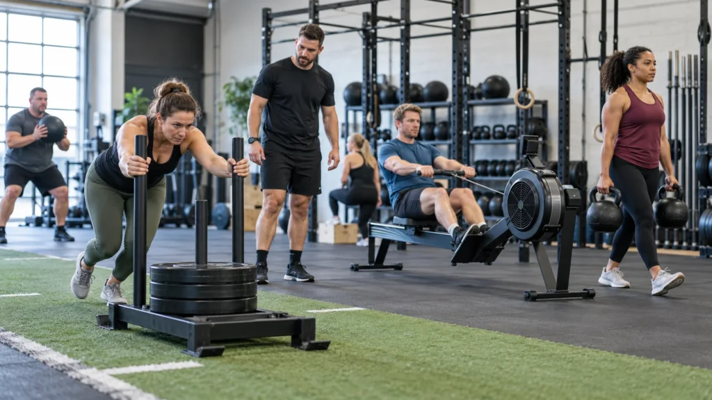 Beginner athletes practising sled, rowing and carry exercises during a coached hybrid fitness session