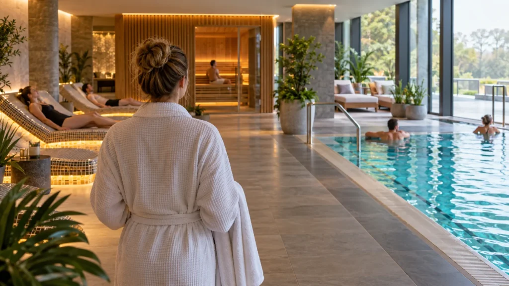 Prospective spa visitor assessing sauna, pool and relaxation facilities to decide which local spa suits their needs