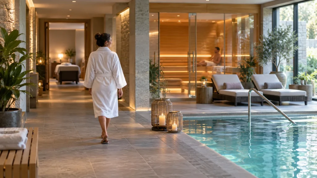 Spa guest walking through a leisure-focused spa with communal sauna and pool plus a private wellness room in the distance