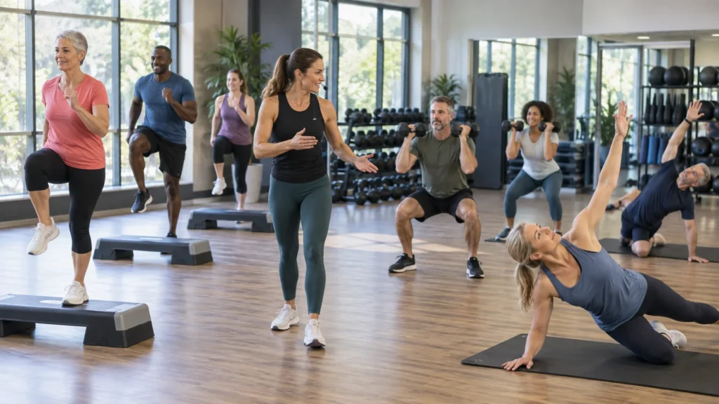 Adults rotating through cardio, strength and mobility exercises in an instructor-led UK health-club class