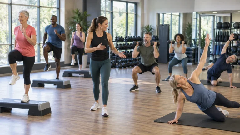 Adults rotating through cardio, strength and mobility exercises in an instructor-led UK health-club class