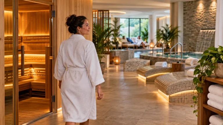First-time spa visitor entering a warm health-club spa with sauna, loungers and relaxation facilities visible