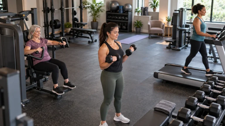 Mixed adults using strength, cardio and mobility stations during a coached fitness class in a modern UK studio