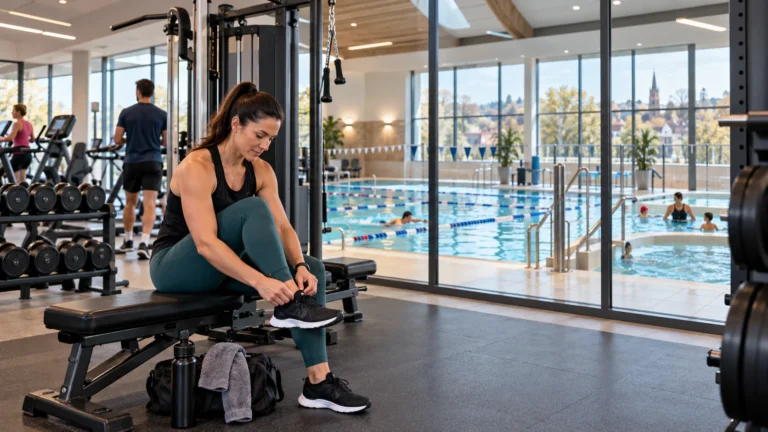 Gym member training beside a glazed indoor pool in a modern UK fitness club with both facilities clearly visible
