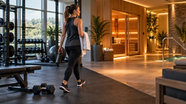 Gym member moving from strength training towards a sauna area in a modern Staffordshire health club