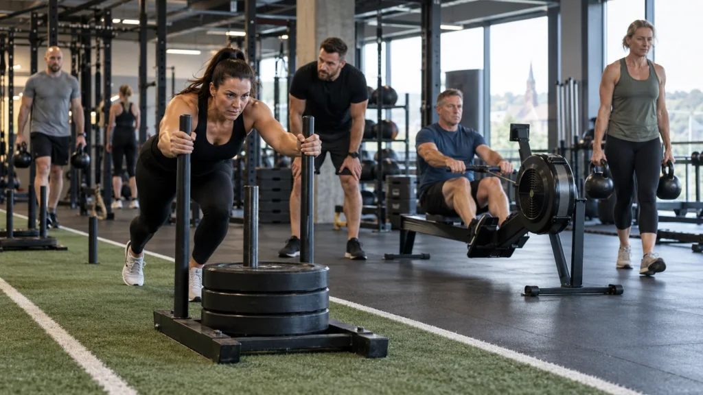 Gym member carrying a towel from a strength area towards a wooden sauna in a modern UK health club