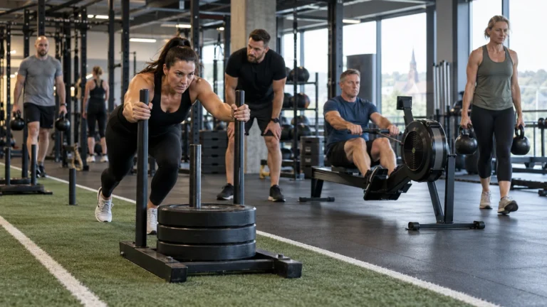 Gym member carrying a towel from a strength area towards a wooden sauna in a modern UK health club
