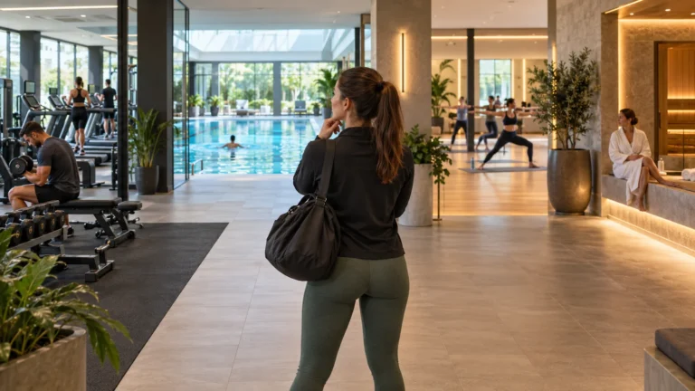 Prospective member touring a modern UK health club with gym, pool and class facilities visible during the visit
