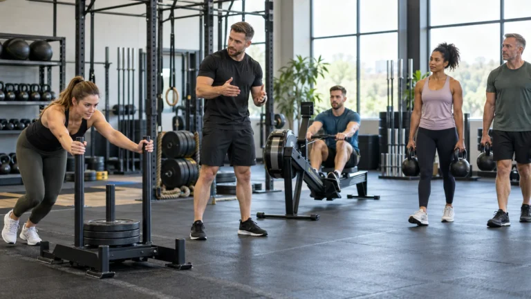 Athlete touring a local hybrid training gym with sled lane, erg machines and functional equipment before choosing a base