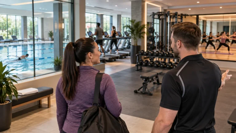 Prospective member checking equipment and training space while touring a modern local UK gym