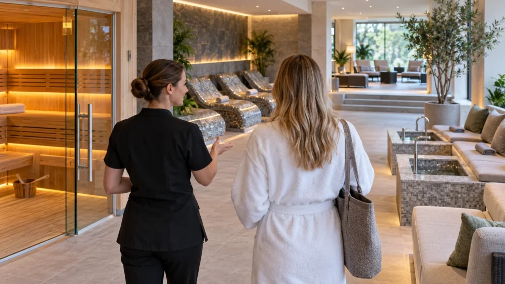 Prospective guest touring a local UK spa and assessing sauna, loungers and relaxation facilities before booking