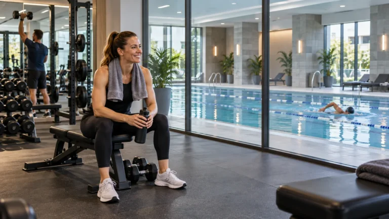 Member in a Newcastle-under-Lyme style health club with gym equipment and indoor swimming facilities visible