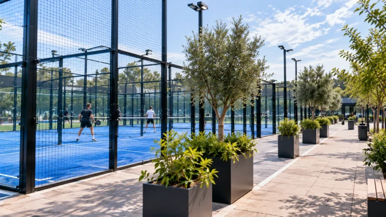 Beginner with a coach on a covered padel court showing glass walls, mesh fencing and proper padel equipment
