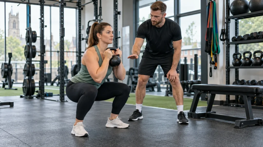 Personal trainer observing a member performing a controlled goblet squat in a modern Staffordshire gym
