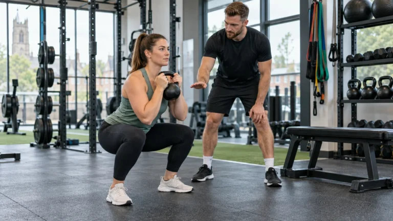 Personal trainer observing a member performing a controlled goblet squat in a modern Staffordshire gym