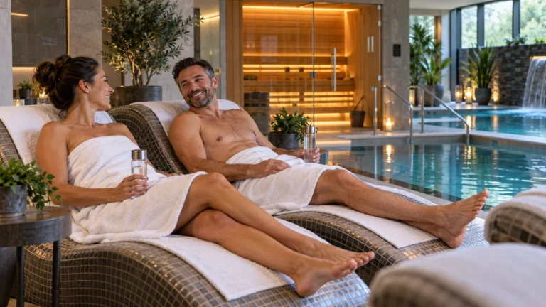 Two adults relaxing together on heated loungers beside pool and sauna facilities during a UK health-club spa day