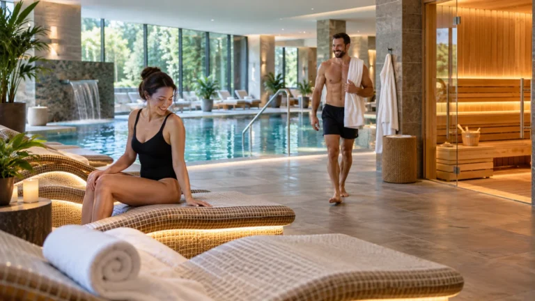 Two spa visitors using pool, loungers and sauna facilities in a premium UK health-club spa