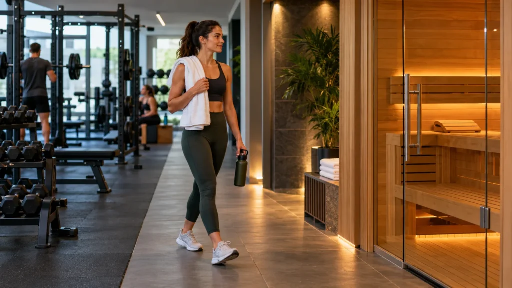 Gym member moving from strength training towards a warm spa relaxation area within one modern UK health club