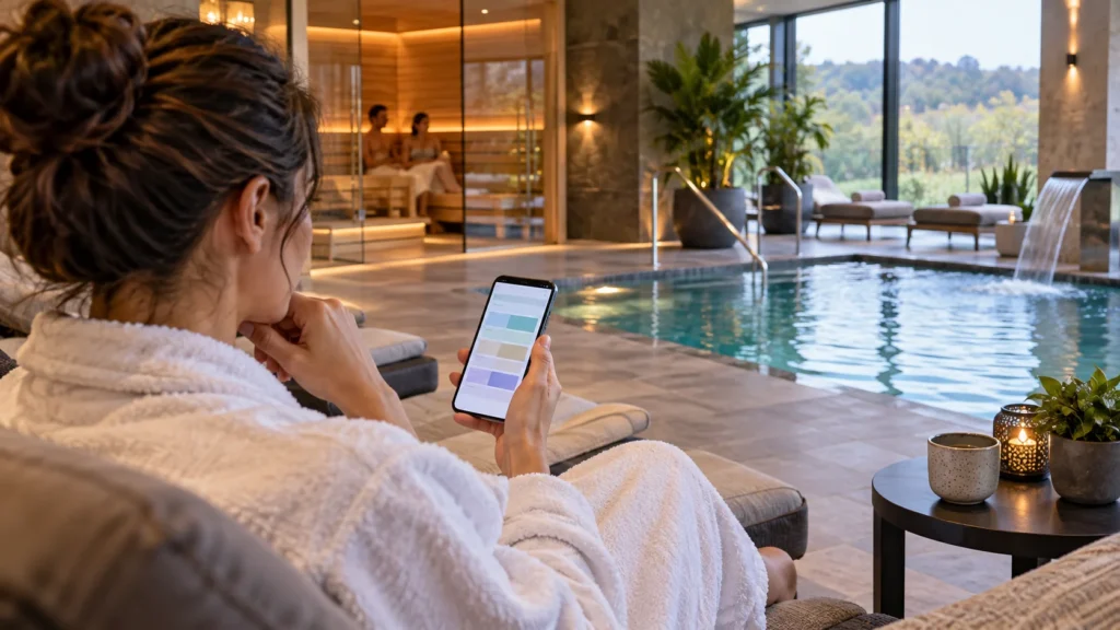 Spa guest checking an abstract booking screen while pool, sauna and lounge facilities are visible nearby