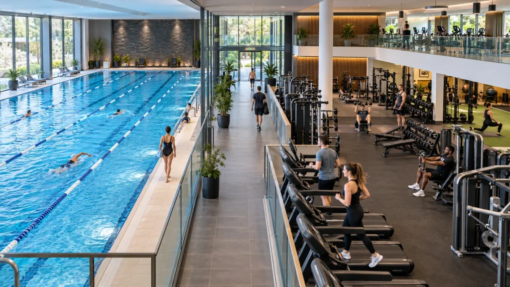 Modern Staffordshire health club with a multi-lane indoor pool and well-equipped gym visible in one connected setting