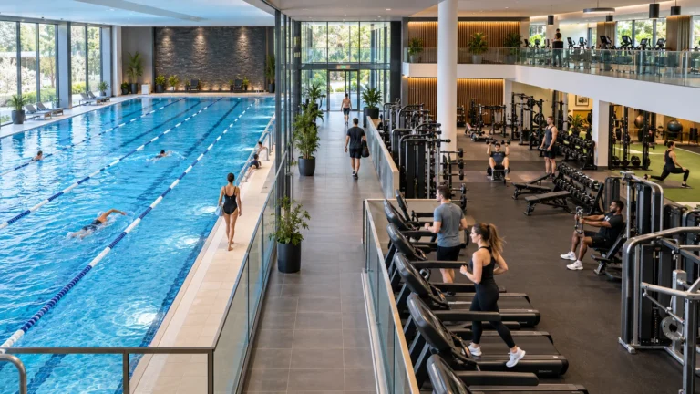 Modern Staffordshire health club with a multi-lane indoor pool and well-equipped gym visible in one connected setting