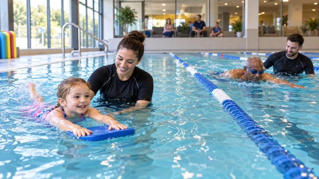 Child and adult learners receiving supervised swimming lessons in a modern Staffordshire indoor leisure pool