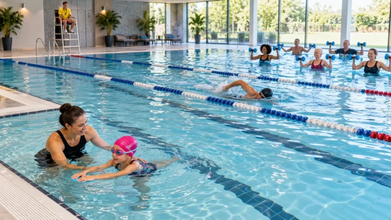 Indoor pool showing a coached swimming lesson, lane swimmer and aqua fitness group in separate safe areas