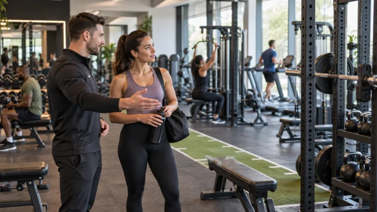 Gym member using a cable station with strength, cardio and functional training areas visible around them